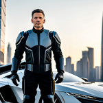 A professional pilot in a sleek, modest flight suit, standing confidently beside a futuristic, high-tech personal armed aerial vehicle, ready for deployment. The setting is a modern urban skyline at dawn, with tall skyscrapers in the background. The vehicle is designed for speed and efficiency, hinting at advanced capabilities. Fully clothed, appropriate attire, safe for work, perfect anatomy, natural proportions, well-formed hands, proper finger count, professional photography, high quality, family-friendly content.