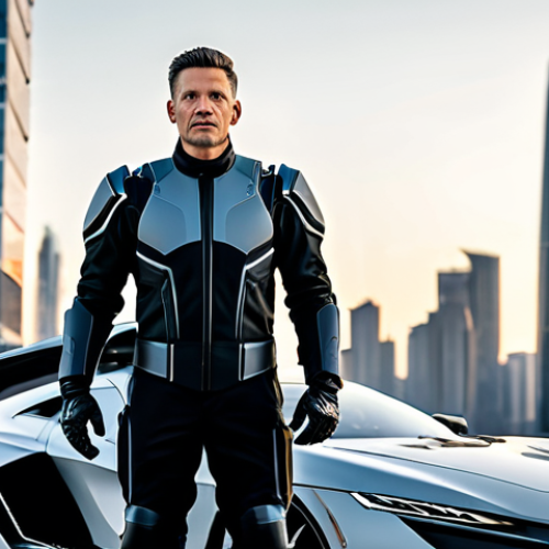 A professional pilot in a sleek, modest flight suit, standing confidently beside a futuristic, high-tech personal armed aerial vehicle, ready for deployment. The setting is a modern urban skyline at dawn, with tall skyscrapers in the background. The vehicle is designed for speed and efficiency, hinting at advanced capabilities. Fully clothed, appropriate attire, safe for work, perfect anatomy, natural proportions, well-formed hands, proper finger count, professional photography, high quality, family-friendly content.