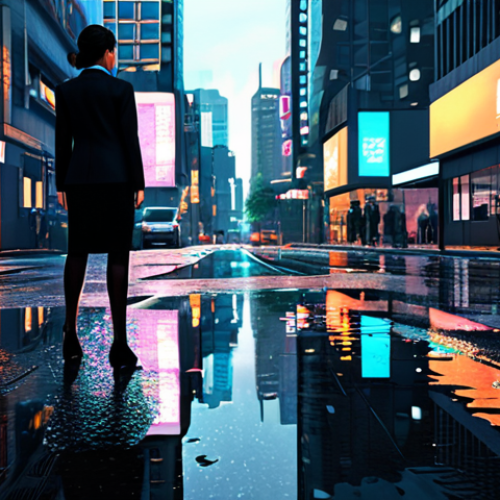 A highly detailed, cinematic photograph of a professional businesswoman, fully clothed in a modest, dark business suit, standing confidently on a wet city street in a fictional metropolis at dusk. The scene features stunning reflections of vibrant neon lights and distant skyscrapers on the polished pavement, evoking a movie-grade visual experience. Rain has just stopped, leaving realistic water puddles. The sky transitions from orange to deep blue, casting soft, intricate light and shadow. The background shows a bustling but orderly urban cityscape with realistic textures and lush street foliage. This image captures a sense of a thriving virtual second life within a high-quality graphical environment. Perfect anatomy, correct proportions, natural pose, well-formed hands, proper finger count, natural body proportions. Safe for work, appropriate content, fully clothed, professional.