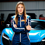 A professional female race car driver in a fully clothed racing suit, standing beside a high-performance sports car in a garage, tools and equipment visible in the background, appropriate attire, safe for work, perfect anatomy, natural proportions, professional photograph, high quality, modest.
