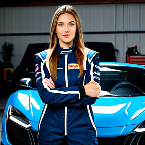 A professional female race car driver in a fully clothed racing suit, standing beside a high-performance sports car in a garage, tools and equipment visible in the background, appropriate attire, safe for work, perfect anatomy, natural proportions, professional photograph, high quality, modest.