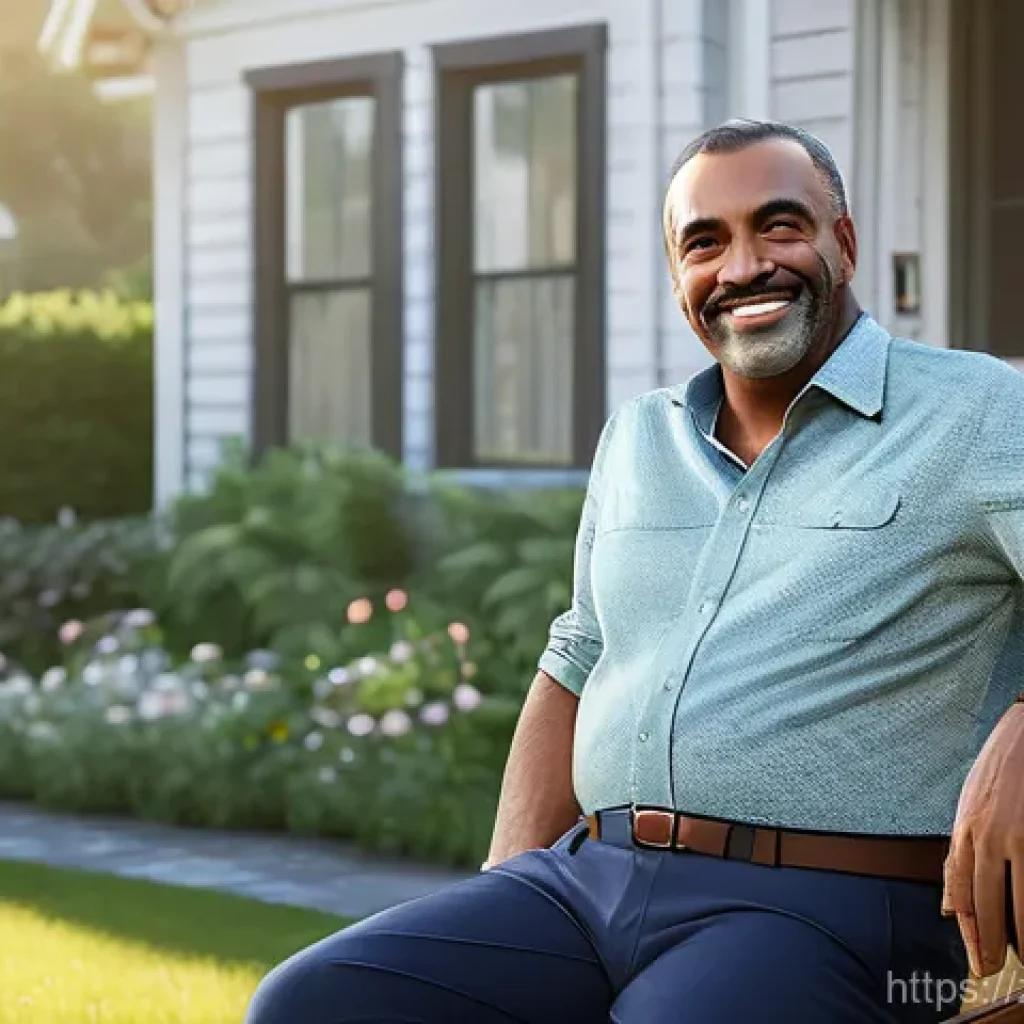 GTA5 스토리라인 대체 엔딩 모드 - "A middle-aged man, resembling Michael De Santa from GTA V, sits contentedly on a porch swing of a b...