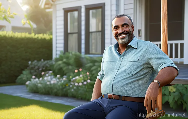 GTA5 스토리라인 대체 엔딩 모드 - "A middle-aged man, resembling Michael De Santa from GTA V, sits contentedly on a porch swing of a b...