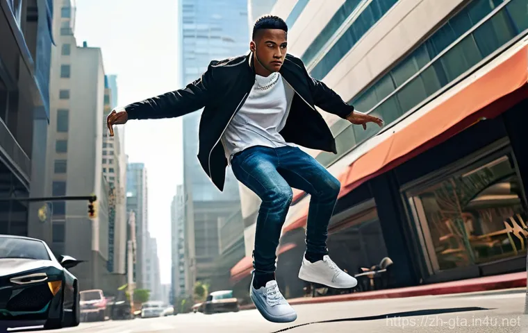 GTA5 비밀 코드 및 치트 - **Prompt:** A dynamic, cinematic shot of a young man, resembling a modern-day urban hero, performing...