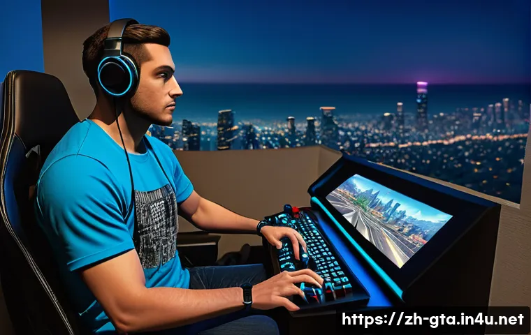 GTA5 유명 플레이어 인터뷰 - **Prompt: "A male gamer in his late 20s, with intense focus, is expertly navigating a high-speed car...